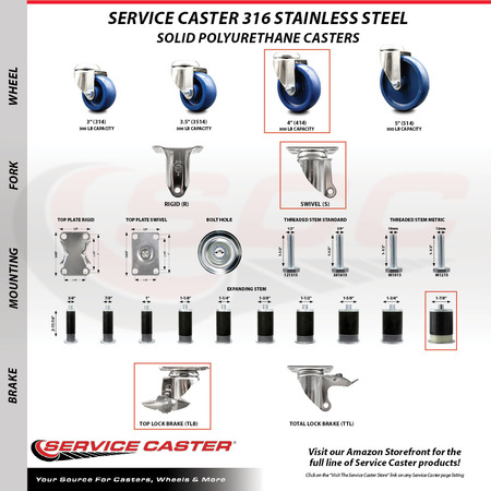 Service Caster 4 Inch 316SS Solid Polyurethane Swivel 1-7/8 Inch Expanding Stem Caster Brake SCC-SS316EX20S414-SPUS-TLB-178